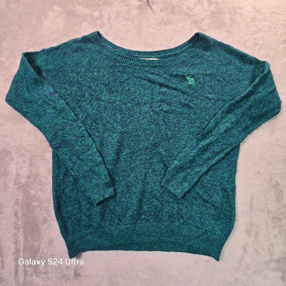 Abercrombie & Fitch Womens Marled Knit Sweater Green Blue Scoop Neck Moose Logo